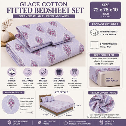 Lavender Buta Feels like Glace Cotton Bedsheet – King Size, Purple Floral Print, Fitted Bedsheet (1B + 2P)