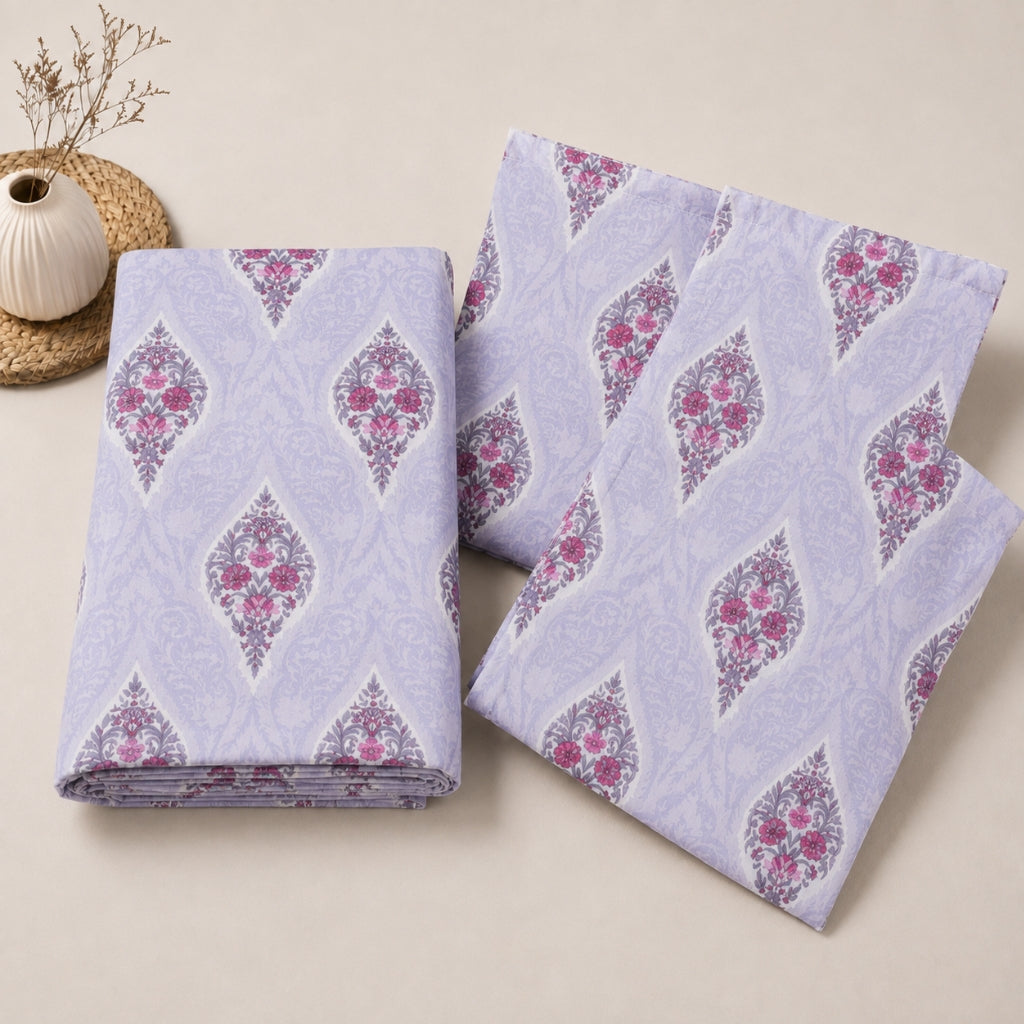 Lavender Buta Feels like Glace Cotton Bedsheet – King Size, Purple Floral Print, Fitted Bedsheet (1B + 2P)