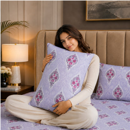 Lavender Buta Feels like Glace Cotton Bedsheet – King Size, Purple Floral Print, Fitted Bedsheet (1B + 2P)
