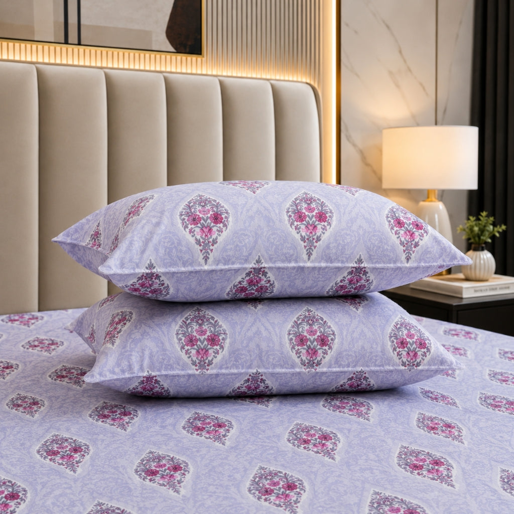 Lavender Buta Feels like Glace Cotton Bedsheet – King Size, Purple Floral Print, Fitted Bedsheet (1B + 2P)