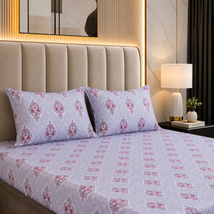 Lavender Buta Feels like Glace Cotton Bedsheet – King Size, Purple Floral Print, Fitted Bedsheet (1B + 2P)