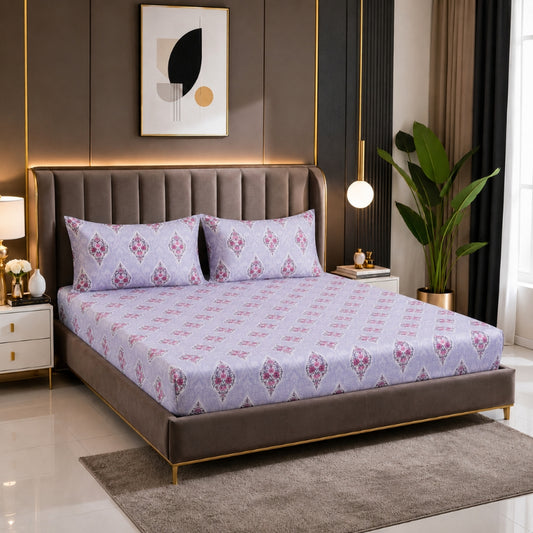 Lavender Buta Feels like Glace Cotton Bedsheet – King Size, Purple Floral Print, Fitted Bedsheet (1B + 2P)