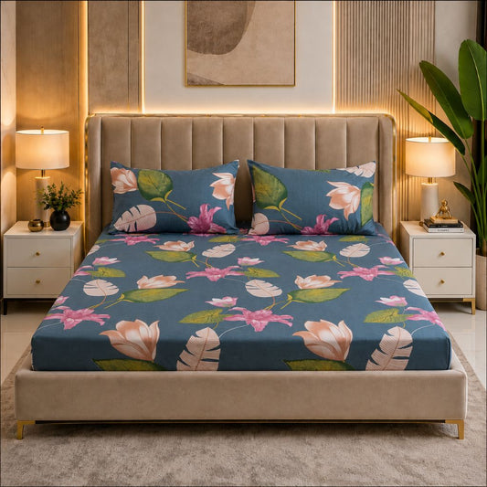Midnight Garden Feels like Glace Cotton Bedsheet – King Size, Tropical Floral Print, Fitted Bedsheet (1B + 2P)