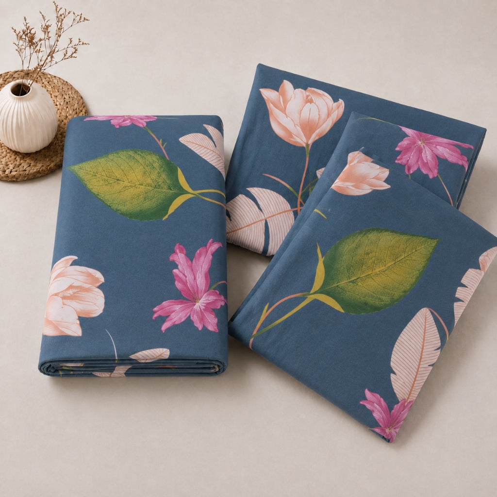 Midnight Garden Feels like Glace Cotton Bedsheet – King Size, Tropical Floral Print, Fitted Bedsheet (1B + 2P)