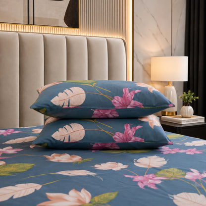 Midnight Garden Feels like Glace Cotton Bedsheet – King Size, Tropical Floral Print, Fitted Bedsheet (1B + 2P)