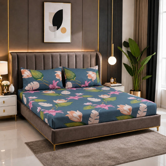 Midnight Garden Feels like Glace Cotton Bedsheet – King Size, Tropical Floral Print, Fitted Bedsheet (1B + 2P)