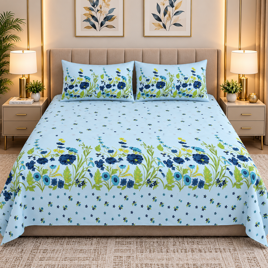 Heavenbirds 300 TC Premium Cotton Bedsheet with 2 Pillow Covers | Ultra Soft & Color Fade Resistant