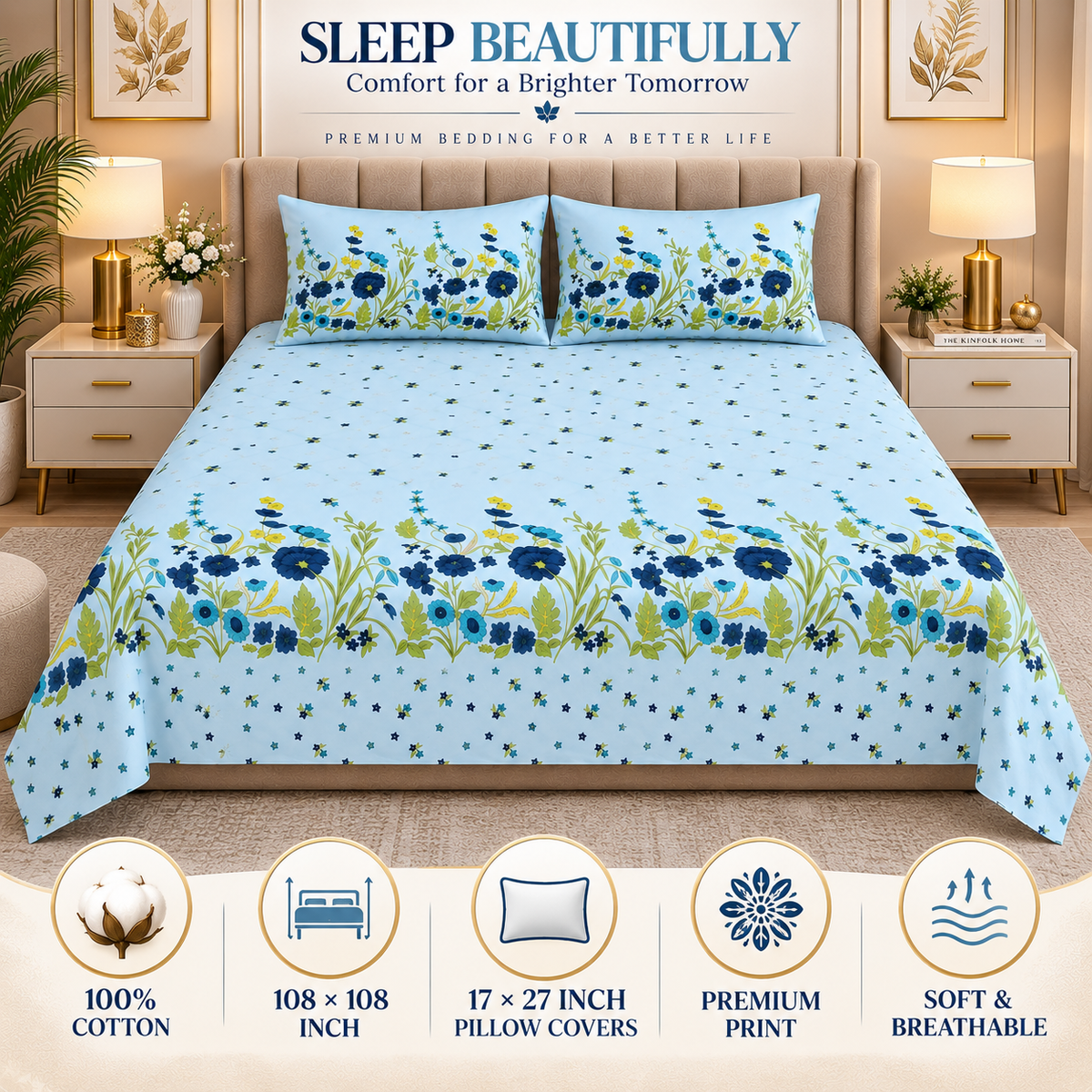 Heavenbirds 300 TC Premium Cotton Bedsheet with 2 Pillow Covers | Ultra Soft & Color Fade Resistant