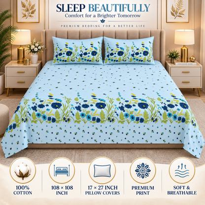 Heavenbirds 300 TC Premium Cotton Bedsheet with 2 Pillow Covers | Ultra Soft & Color Fade Resistant