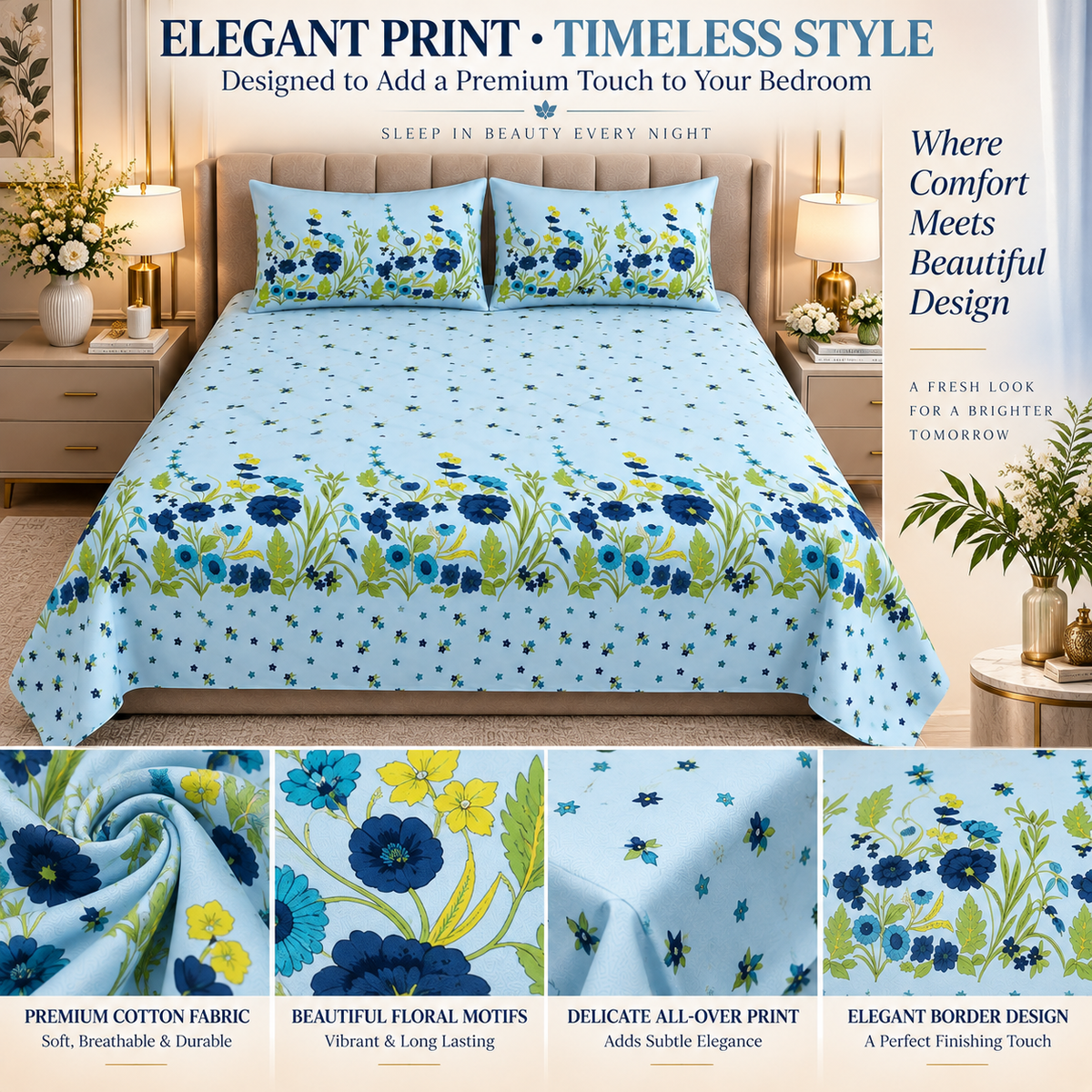 Heavenbirds 300 TC Premium Cotton Bedsheet with 2 Pillow Covers | Ultra Soft & Color Fade Resistant