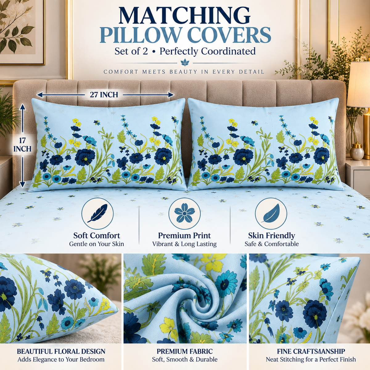 Heavenbirds 300 TC Premium Cotton Bedsheet with 2 Pillow Covers | Ultra Soft & Color Fade Resistant