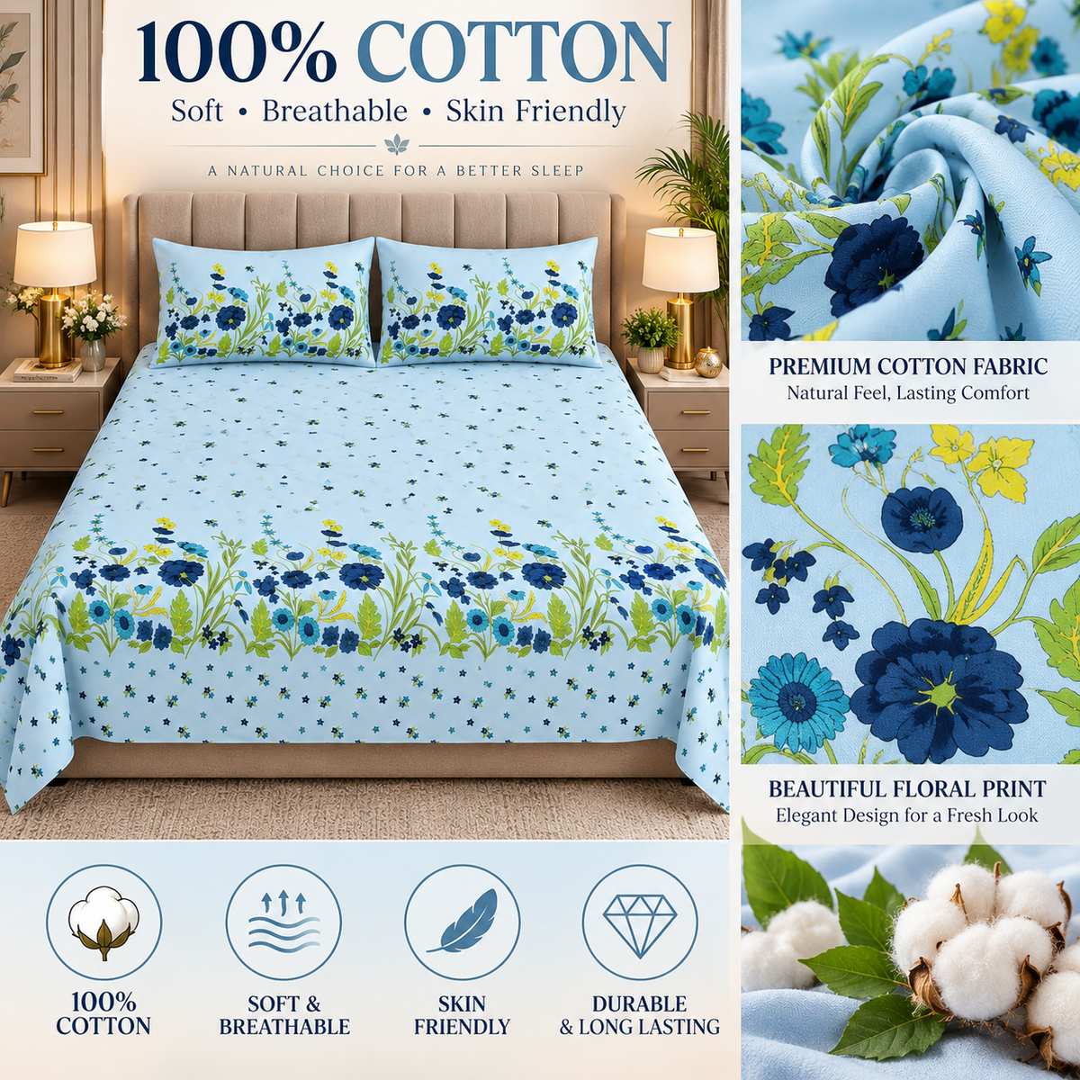 Heavenbirds 300 TC Premium Cotton Bedsheet with 2 Pillow Covers | Ultra Soft & Color Fade Resistant