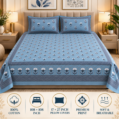 Heavenbirds 300 TC Premium Cotton Bedsheet with 2 Pillow Covers | Ultra Soft & Color Fade Resistant
