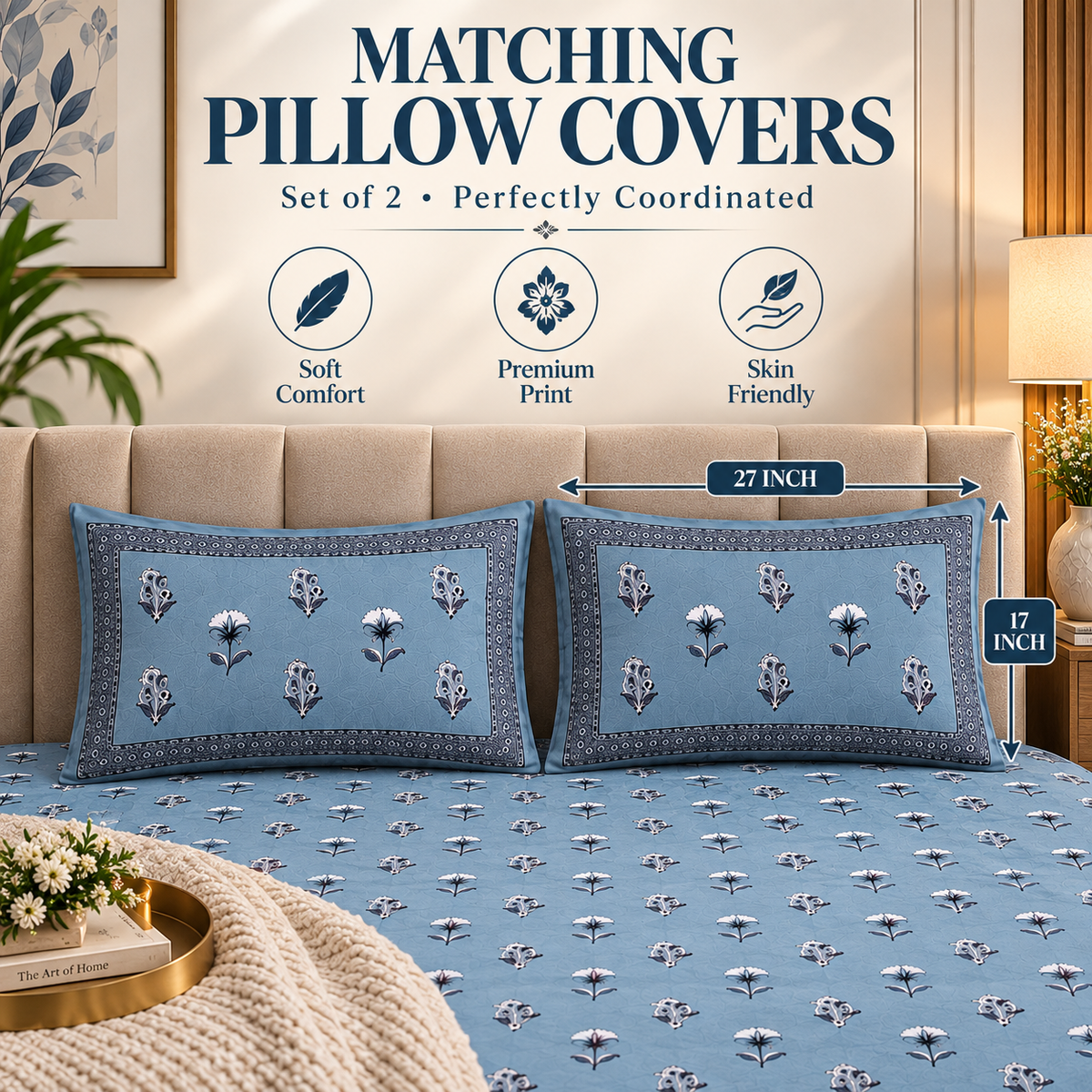 Heavenbirds 300 TC Premium Cotton Bedsheet with 2 Pillow Covers | Ultra Soft & Color Fade Resistant