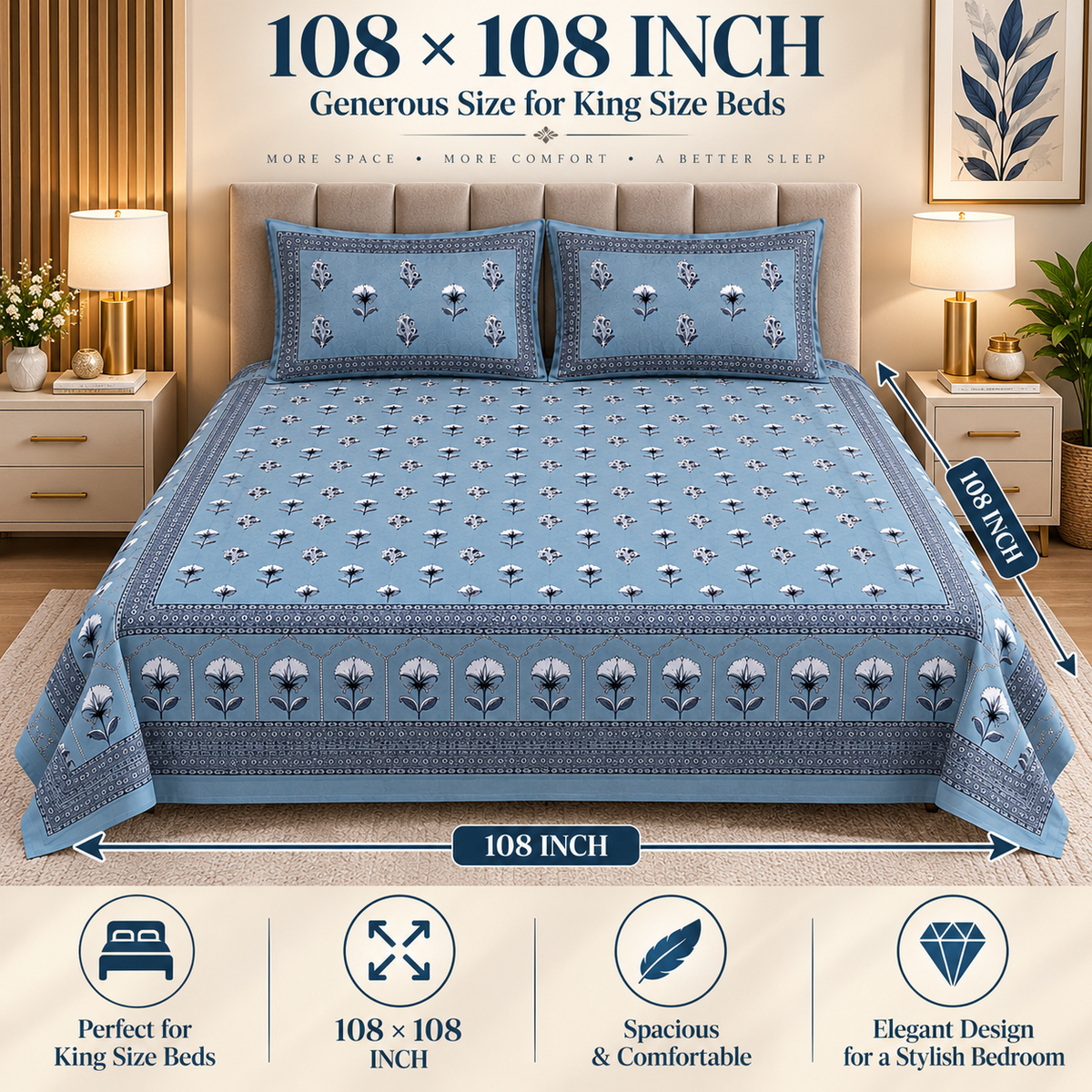Heavenbirds 300 TC Premium Cotton Bedsheet with 2 Pillow Covers | Ultra Soft & Color Fade Resistant