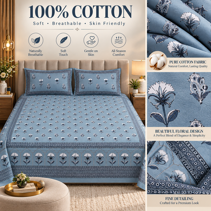 Heavenbirds 300 TC Premium Cotton Bedsheet with 2 Pillow Covers | Ultra Soft & Color Fade Resistant