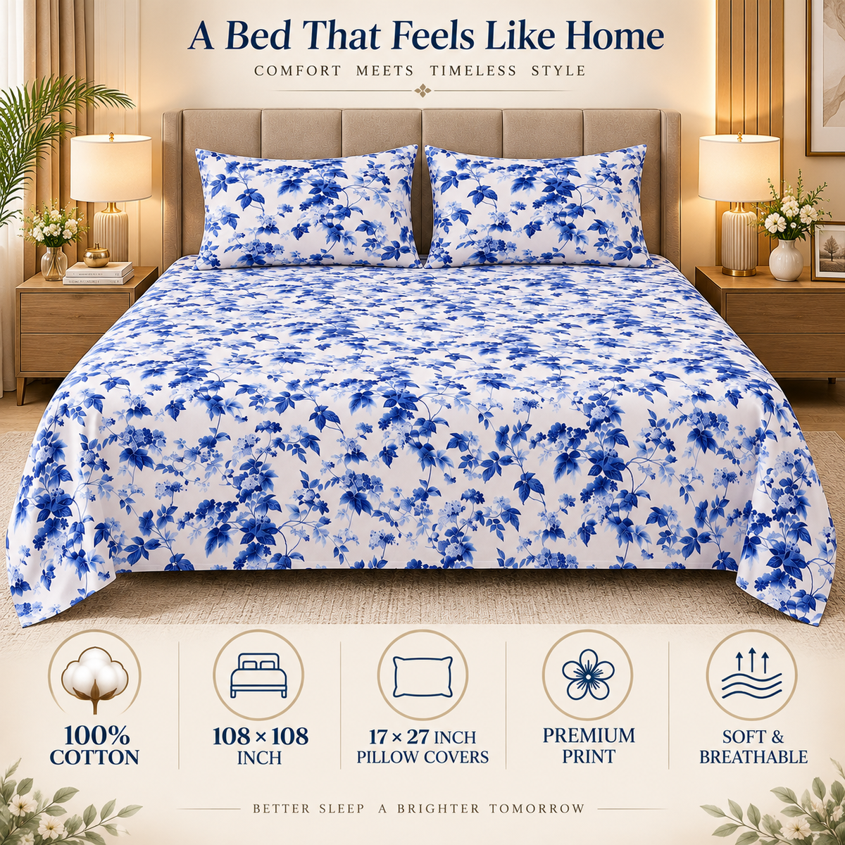 Heavenbirds 300 TC Premium Cotton Bedsheet with 2 Pillow Covers | Ultra Soft & Color Fade Resistant