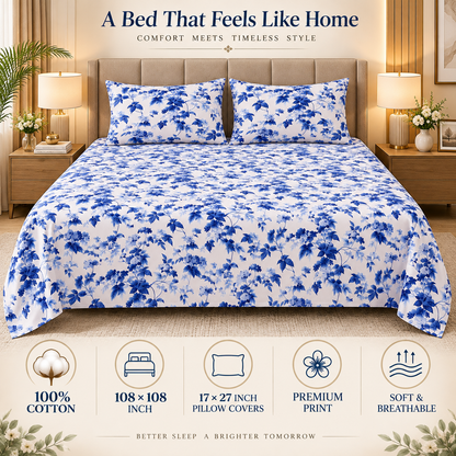Heavenbirds 300 TC Premium Cotton Bedsheet with 2 Pillow Covers | Ultra Soft & Color Fade Resistant