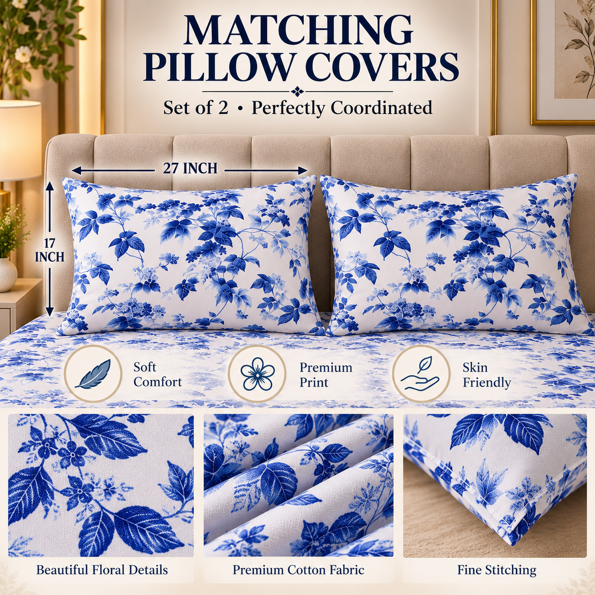 Heavenbirds 300 TC Premium Cotton Bedsheet with 2 Pillow Covers | Ultra Soft & Color Fade Resistant
