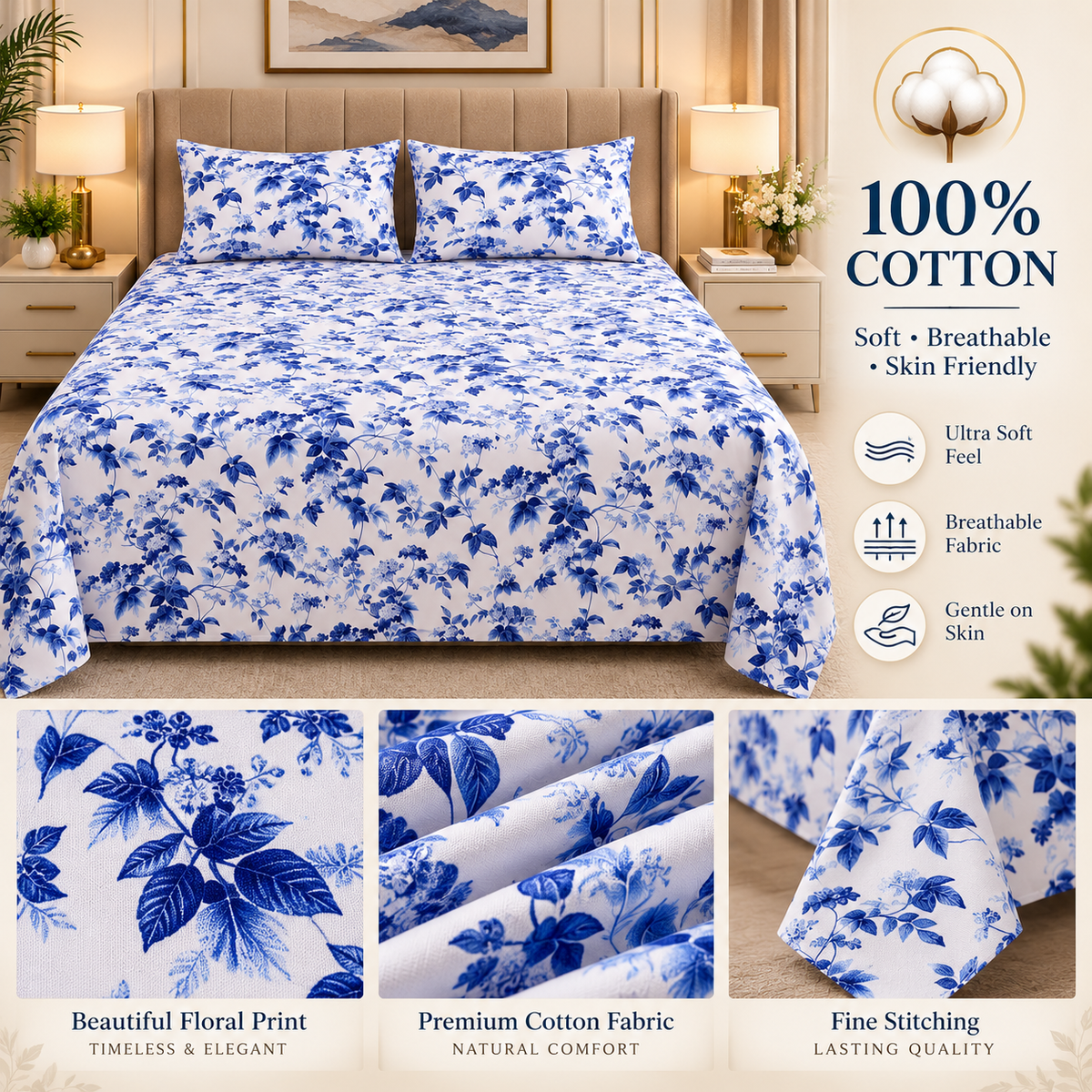 Heavenbirds 300 TC Premium Cotton Bedsheet with 2 Pillow Covers | Ultra Soft & Color Fade Resistant