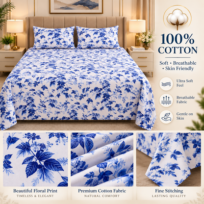 Heavenbirds 300 TC Premium Cotton Bedsheet with 2 Pillow Covers | Ultra Soft & Color Fade Resistant