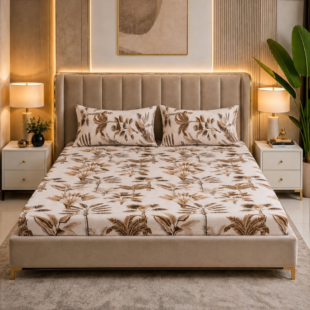 Golden Tropics Glace Cotton Bedsheet – King Size, Brown Botanical Leaf Print, Fitted Bedsheet (1B + 2P)