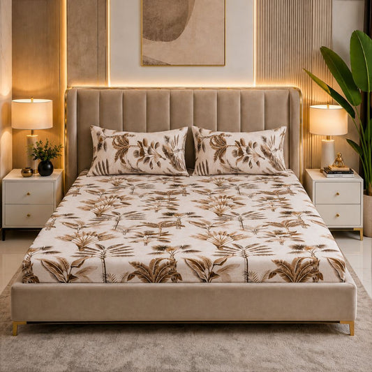 Golden Tropics Glace Cotton Bedsheet – King Size, Brown Botanical Leaf Print, Fitted Bedsheet (1B + 2P)