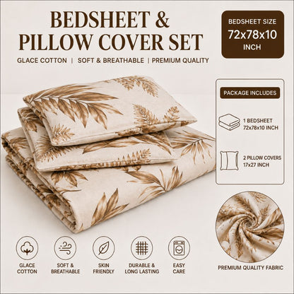 Golden Tropics Glace Cotton Bedsheet – King Size, Brown Botanical Leaf Print, Fitted Bedsheet (1B + 2P)