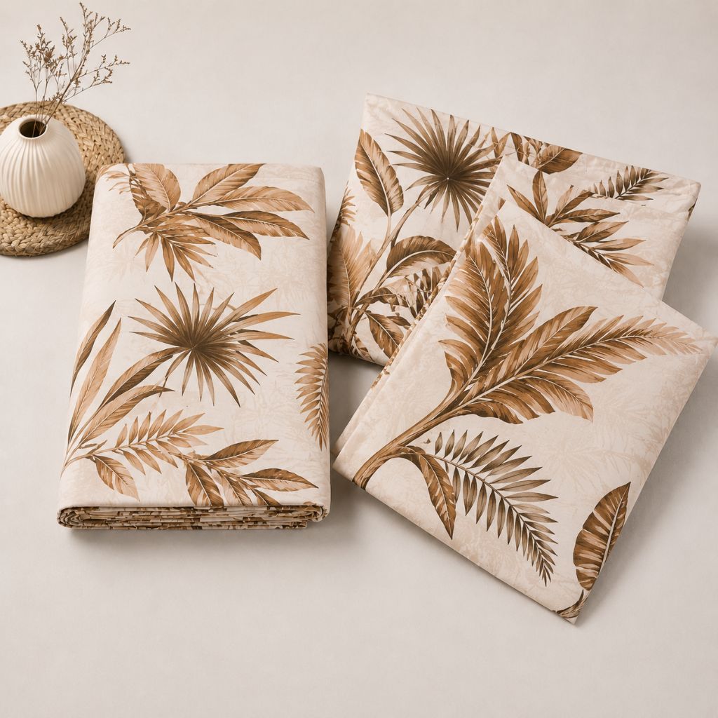 Golden Tropics Glace Cotton Bedsheet – King Size, Brown Botanical Leaf Print, Fitted Bedsheet (1B + 2P)