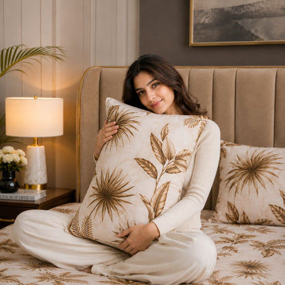 Golden Tropics Glace Cotton Bedsheet – King Size, Brown Botanical Leaf Print, Fitted Bedsheet (1B + 2P)