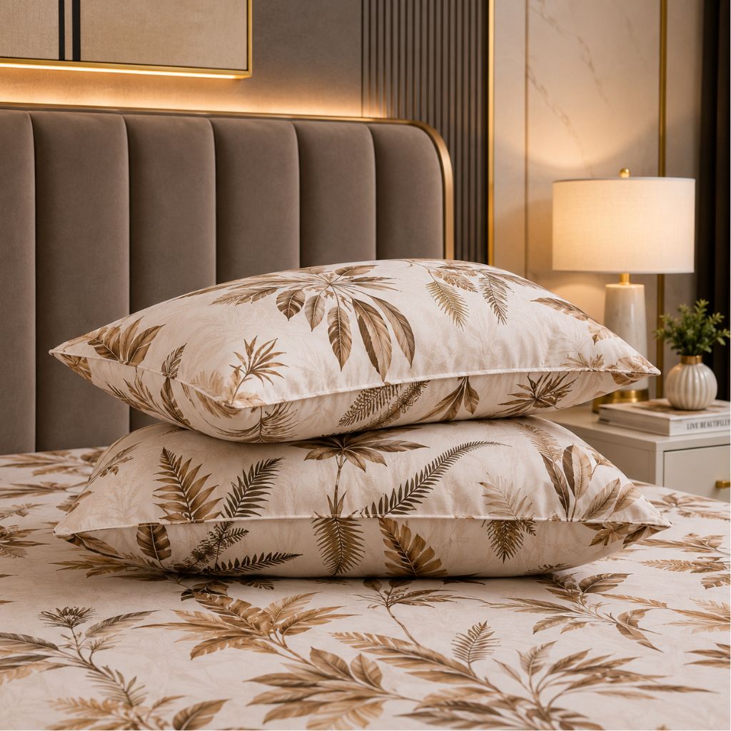 Golden Tropics Glace Cotton Bedsheet – King Size, Brown Botanical Leaf Print, Fitted Bedsheet (1B + 2P)