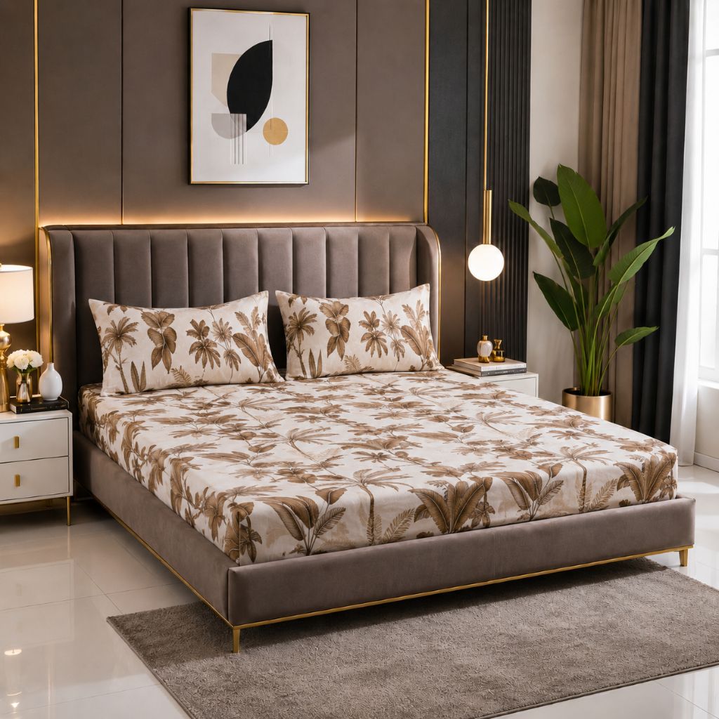 Golden Tropics Glace Cotton Bedsheet – King Size, Brown Botanical Leaf Print, Fitted Bedsheet (1B + 2P)