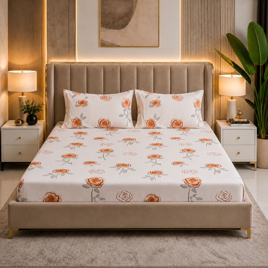 Coral Rose Feels like Glace Cotton Bedsheet – King Size, Orange Rose Print, Fitted Bedsheet (1B + 2P)