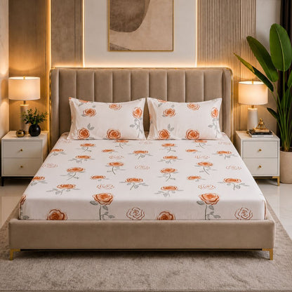 Coral Rose Feels like Glace Cotton Bedsheet – King Size, Orange Rose Print, Fitted Bedsheet (1B + 2P)