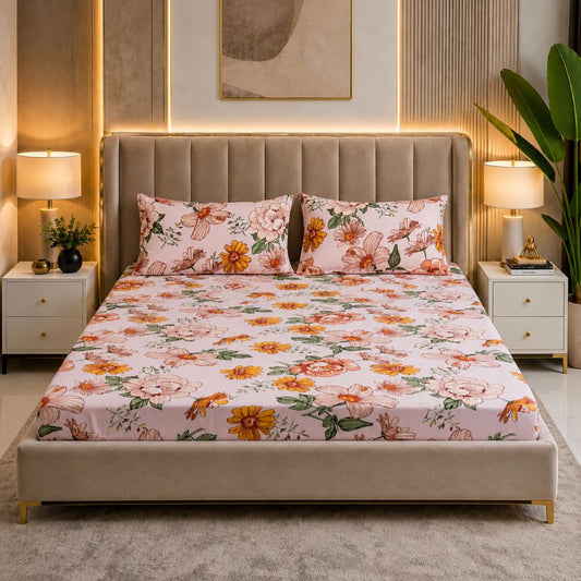 Rose Charm Feels like Glace Cotton Bedsheet – King Size, Multicolor Moroccan Print, Fitted Bedsheet (1B + 2P)
