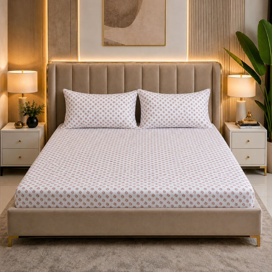 Autumn Bloom Glace Cotton Bedsheet – King Size, Peach Geometric Print, Fitted Bedsheet (1B + 2P)