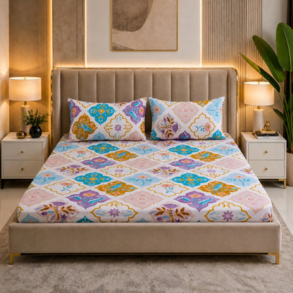 Mosaic Charm Feels like Glace Cotton Bedsheet – King Size, Multicolor Moroccan Print, Fitted Bedsheet (1B + 2P)