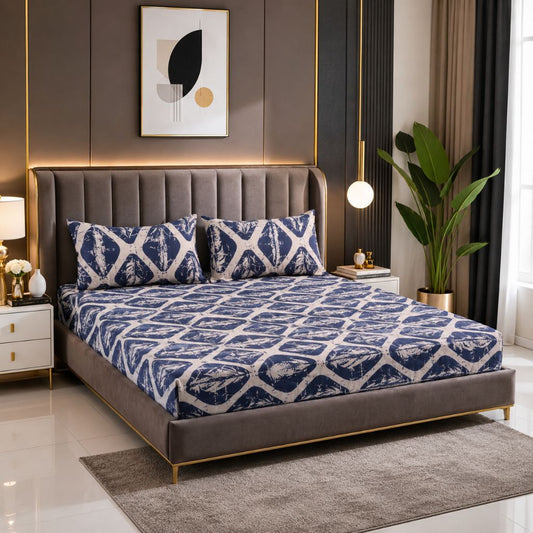 Indigo Waves Feels like Glace Cotton Bedsheet – King Size, Blue Geometric Print, Fitted Bedsheet (1B + 2P)