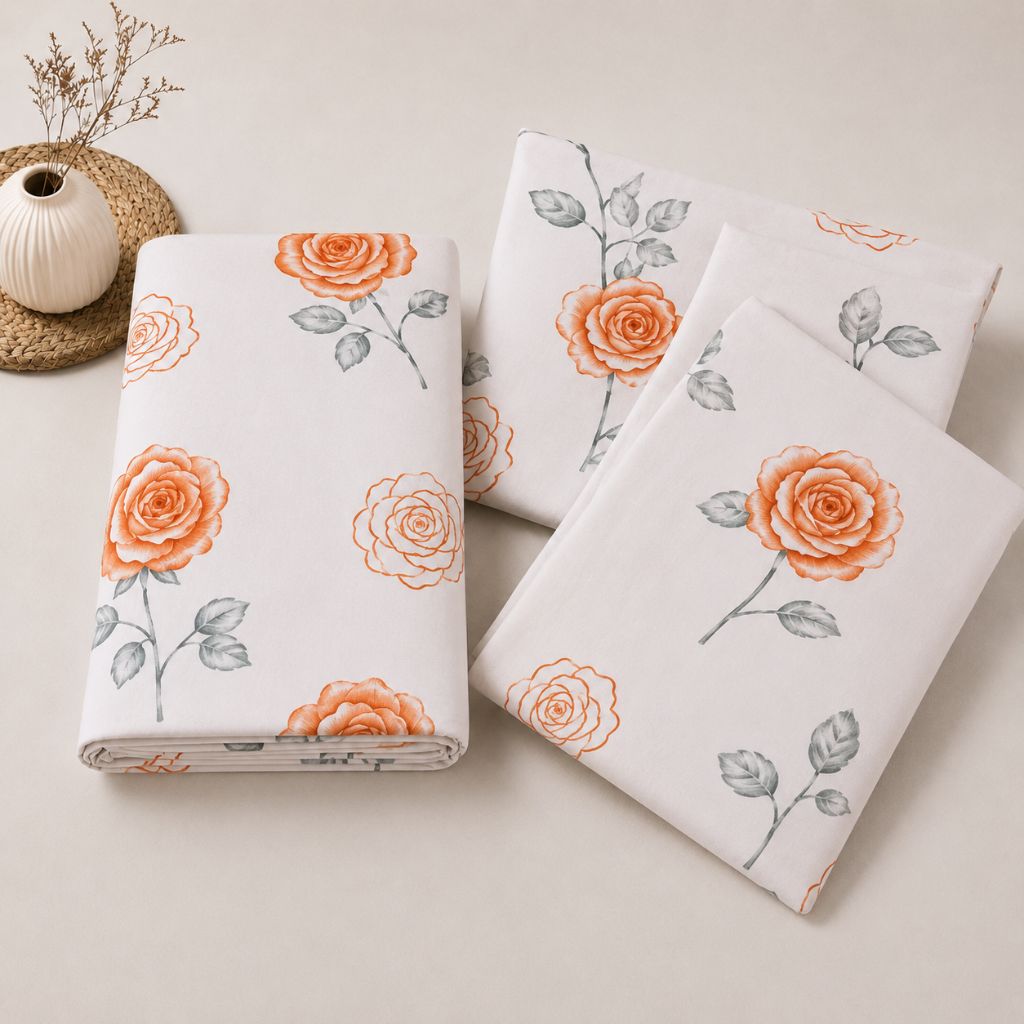 Coral Rose Feels like Glace Cotton Bedsheet – King Size, Orange Rose Print, Fitted Bedsheet (1B + 2P)
