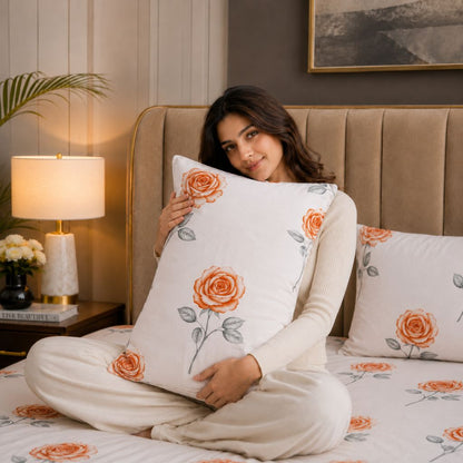 Coral Rose Feels like Glace Cotton Bedsheet – King Size, Orange Rose Print, Fitted Bedsheet (1B + 2P)