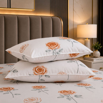 Coral Rose Feels like Glace Cotton Bedsheet – King Size, Orange Rose Print, Fitted Bedsheet (1B + 2P)