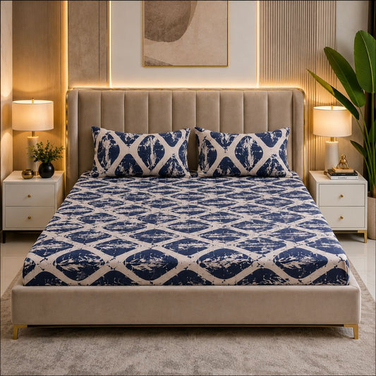 Indigo Waves Feels like Glace Cotton Bedsheet – King Size, Blue Geometric Print, Fitted Bedsheet (1B + 2P)