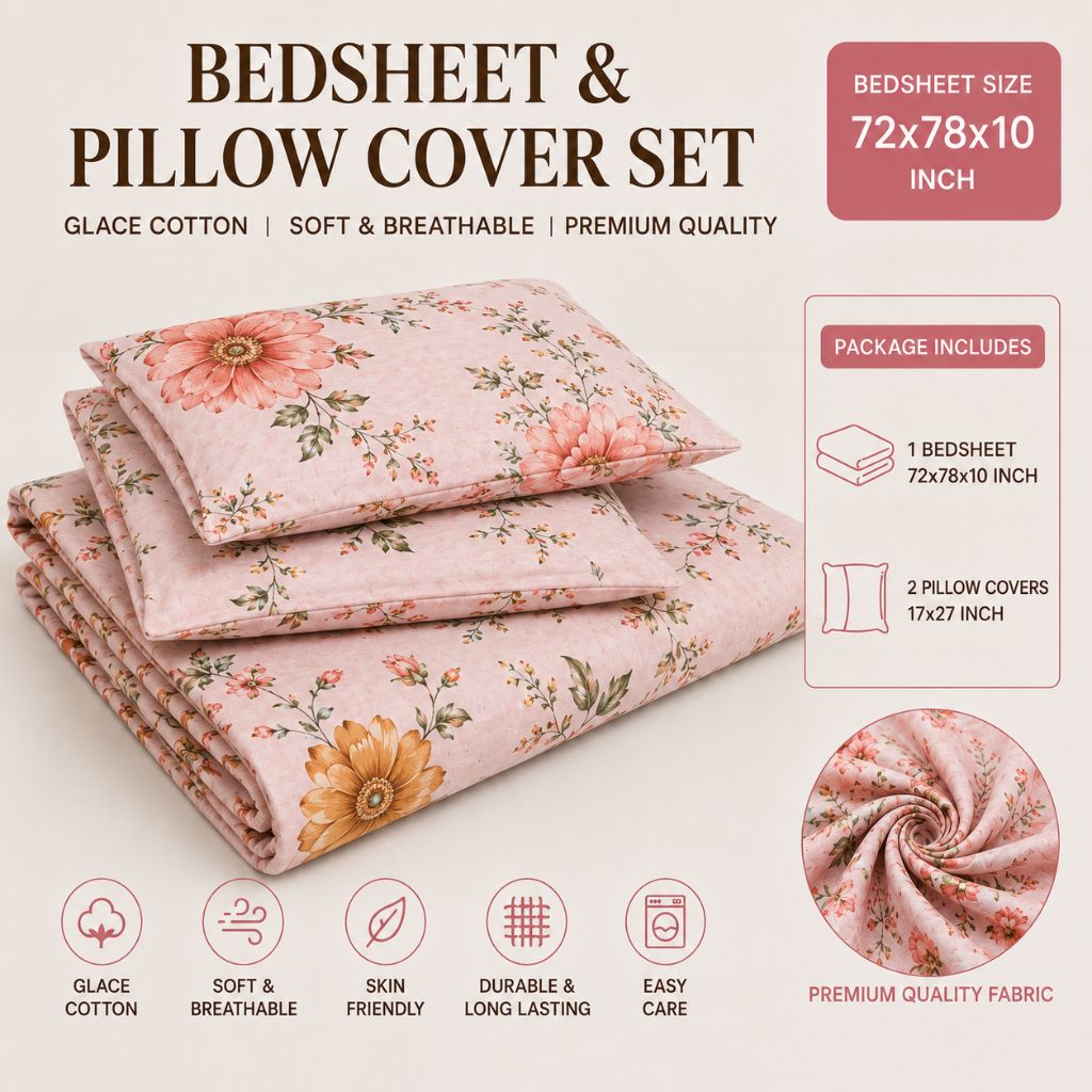 Rose Charm Feels like Glace Cotton Bedsheet – King Size, Multicolor Moroccan Print, Fitted Bedsheet (1B + 2P)