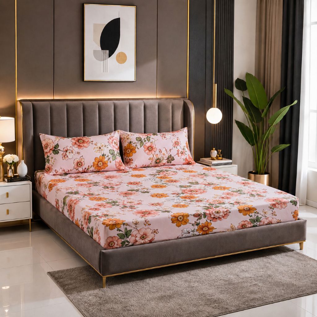 Rose Charm Feels like Glace Cotton Bedsheet – King Size, Multicolor Moroccan Print, Fitted Bedsheet (1B + 2P)