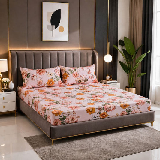 Rose Charm Feels like Glace Cotton Bedsheet – King Size, Multicolor Moroccan Print, Fitted Bedsheet (1B + 2P)