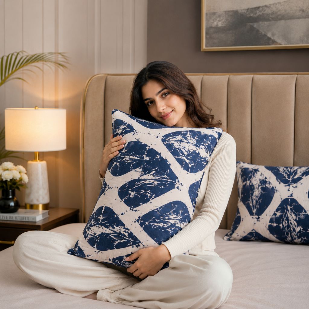 Indigo Waves Feels like Glace Cotton Bedsheet – King Size, Blue Geometric Print, Fitted Bedsheet (1B + 2P)