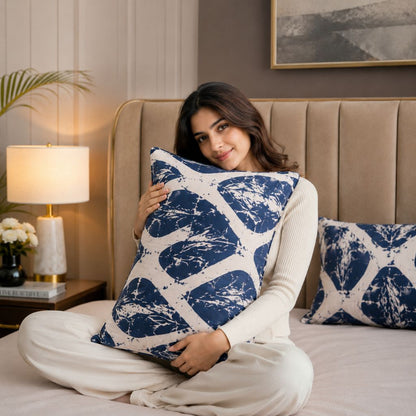 Indigo Waves Feels like Glace Cotton Bedsheet – King Size, Blue Geometric Print, Fitted Bedsheet (1B + 2P)