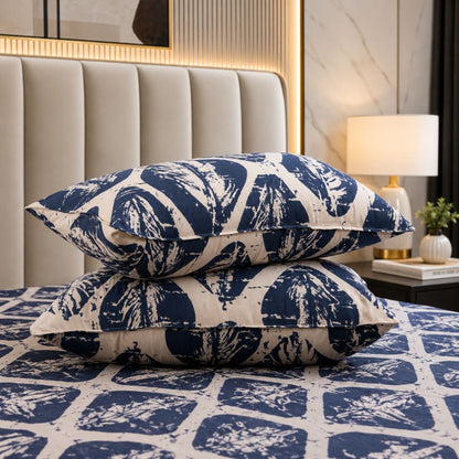 Indigo Waves Feels like Glace Cotton Bedsheet – King Size, Blue Geometric Print, Fitted Bedsheet (1B + 2P)