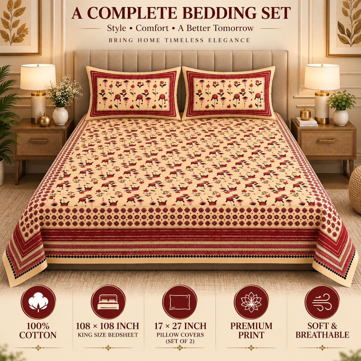 Heavenbirds 300 TC Premium Cotton Bedsheet with 2 Pillow Covers | Ultra Soft & Color Fade Resistant