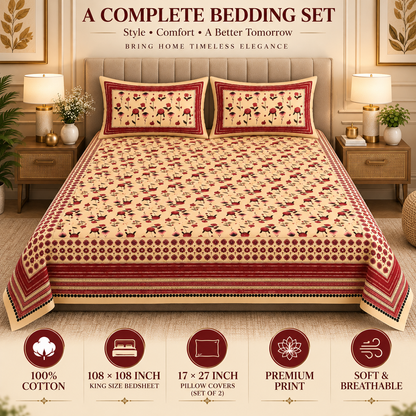 Heavenbirds 300 TC Premium Cotton Bedsheet with 2 Pillow Covers | Ultra Soft & Color Fade Resistant